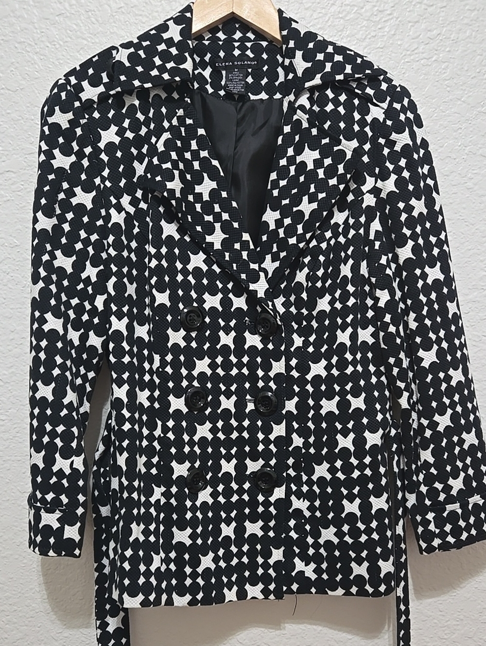 Eliza J Black & White Patterned Double-Breasted Peacoat
